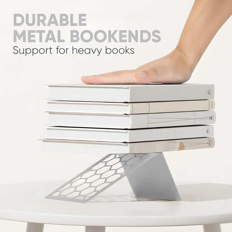 GEOMOD Geometric Honeycomb Gray Metal Bookends Decorative - Tall Sturdy Book Ends for Shelves - Modern Heavy Duty Bookend Stopper - Office or Home Book Shelf Book Holder - 6x3.25x6.25 Inches - 1 Pair - Image 5